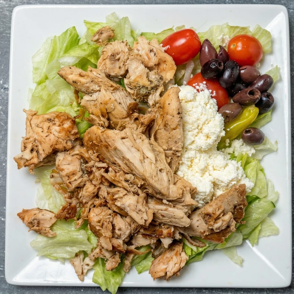 A chicken salad with lettuce, tomatoes, olives, feta cheese, and pepperoncini on a white plate.