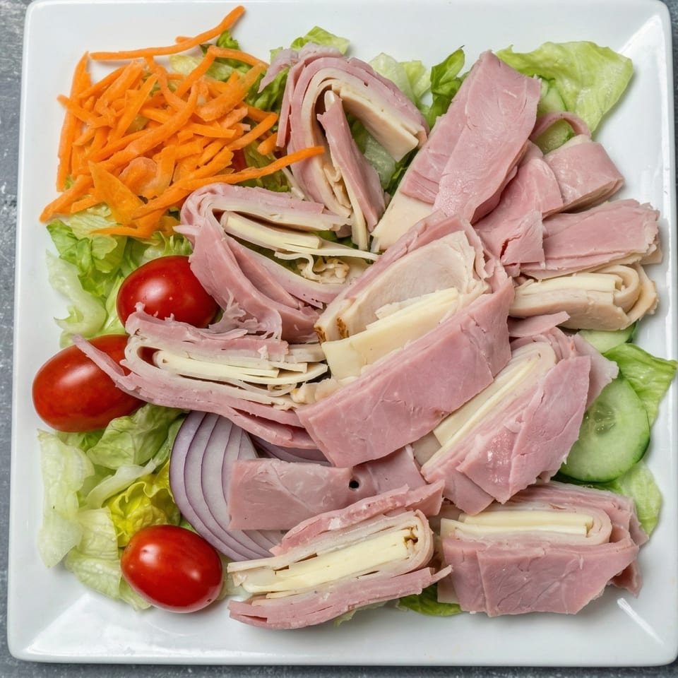 Chef salad with ham, turkey, cheese, lettuce, carrots, tomatoes, red onion, and cucumber.