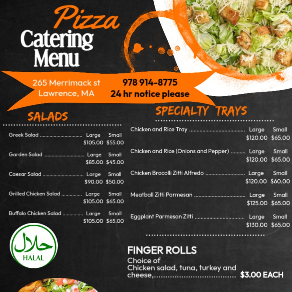 Pizza Catering Menu with salads, specialty trays, finger rolls, and a Halal certification.