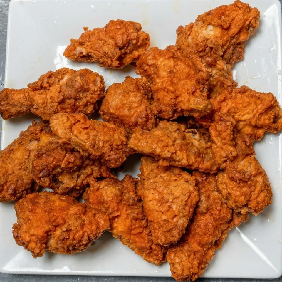 A white platter piled high with crispy, golden-brown fried chicken pieces.