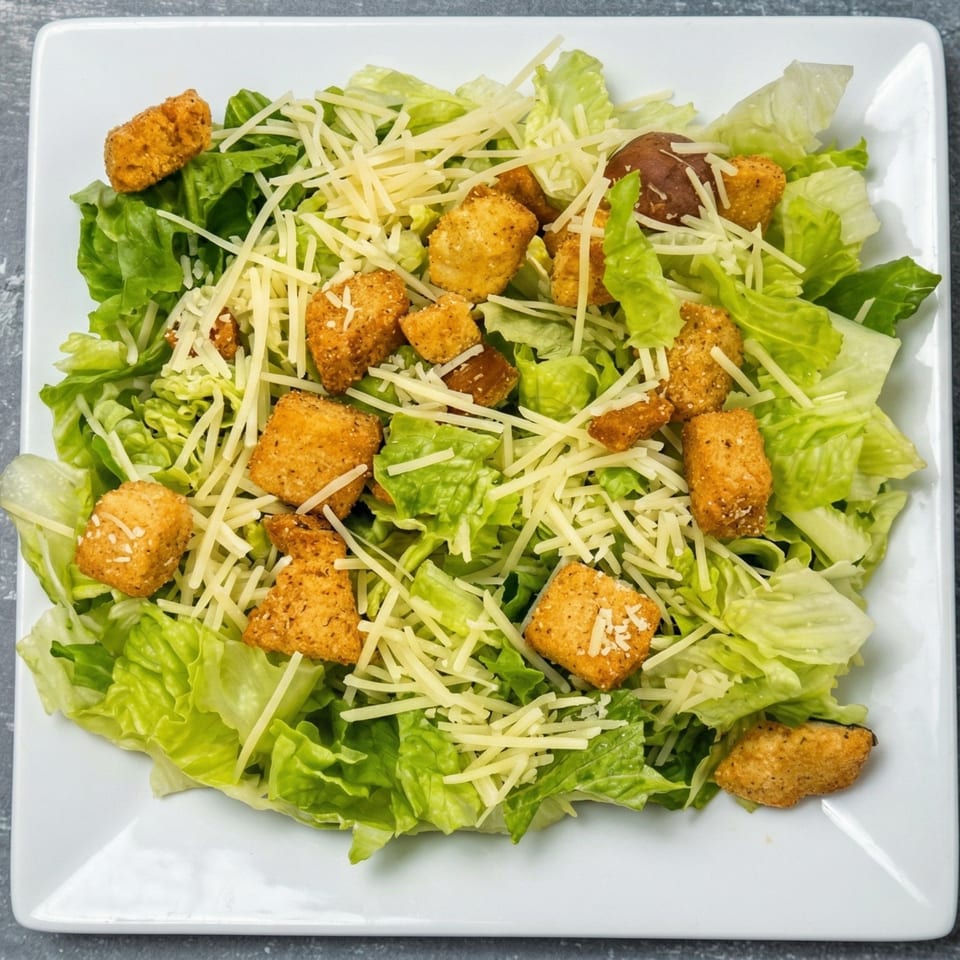 Caesar salad with fresh green lettuce, shredded Parmesan cheese, and golden croutons on a white plate.
