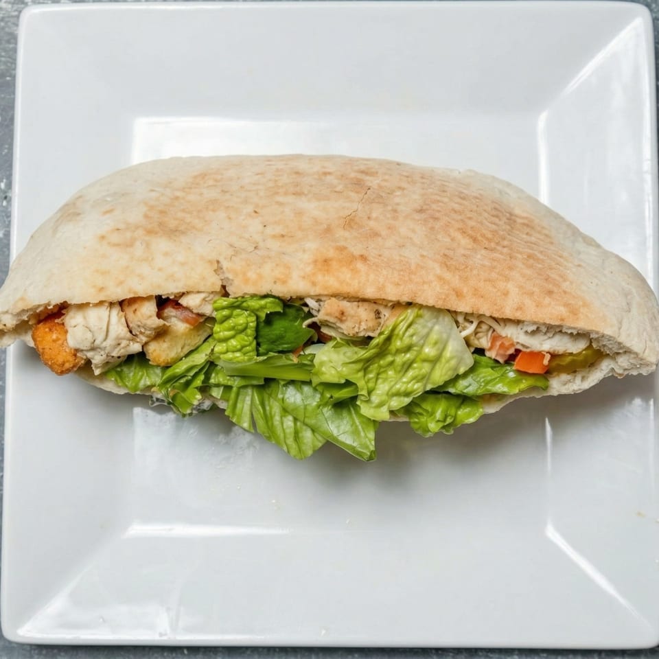 Pita bread sandwich filled with chicken, fresh green lettuce, and diced vegetables on a white plate.