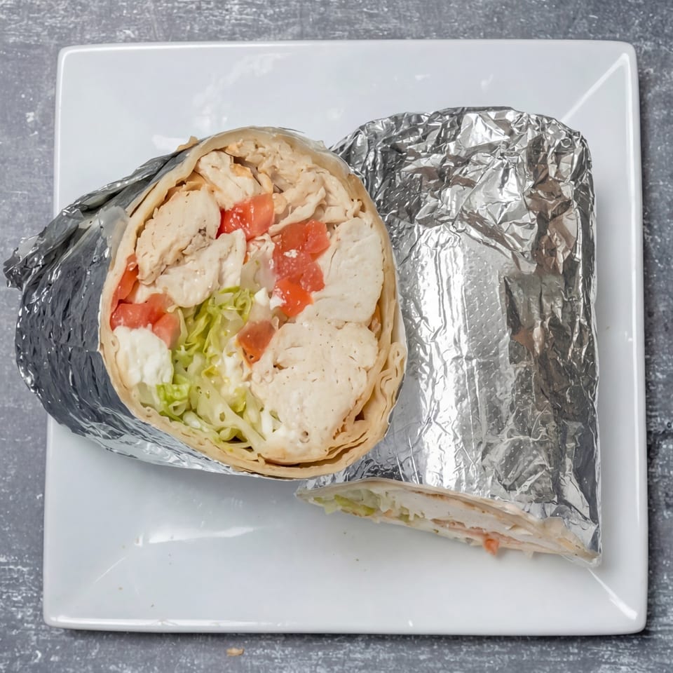 Chicken wrap with lettuce, tomatoes, and sauce, partially unwrapped from foil on a white plate.