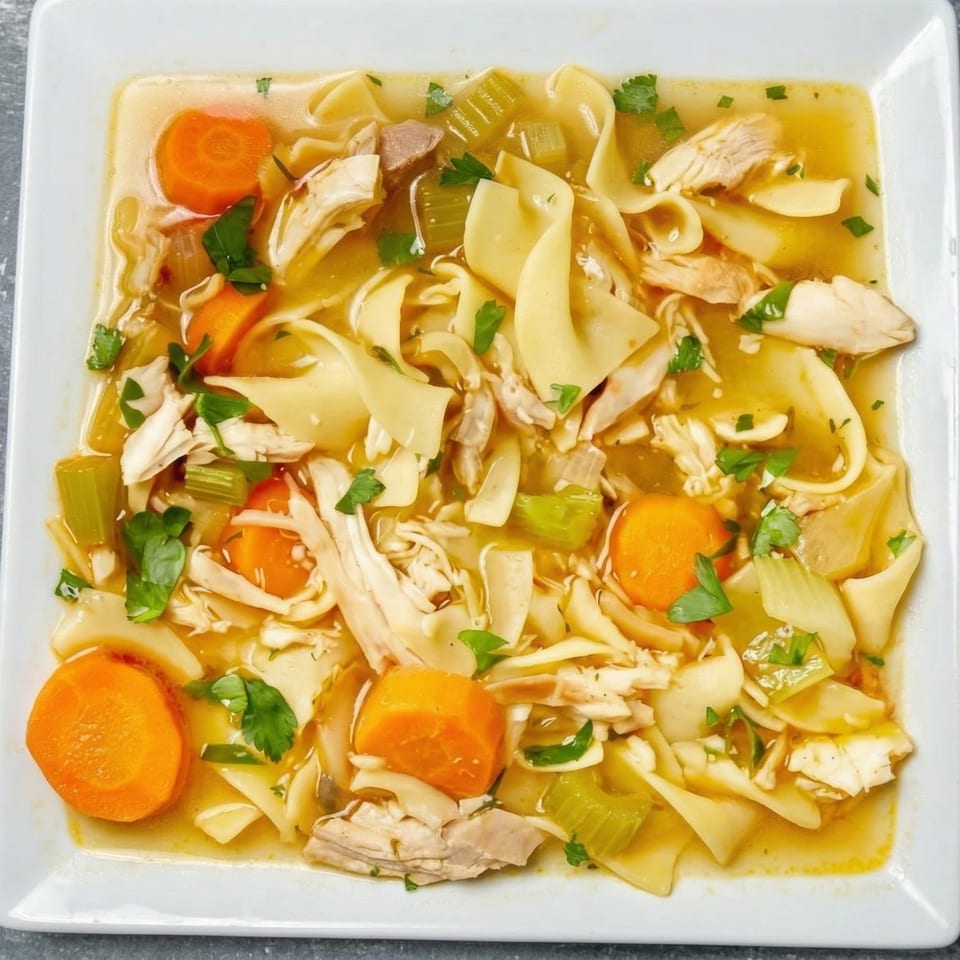 A square white bowl filled with chicken noodle soup, garnished with parsley.