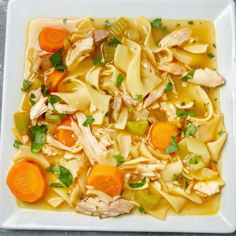 A square white bowl filled with chicken noodle soup, garnished with parsley.