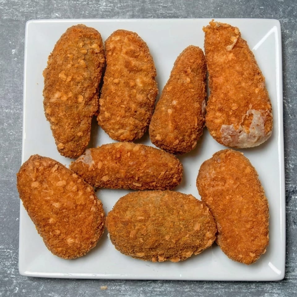 Eight golden-brown, breaded croquettes or nuggets arranged on a white rectangular plate.